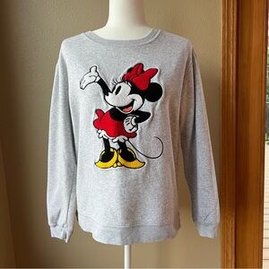 Disney Minnie Mouse Sweatshirt Women’s M Crewneck Chenille Patch Gray Pullover